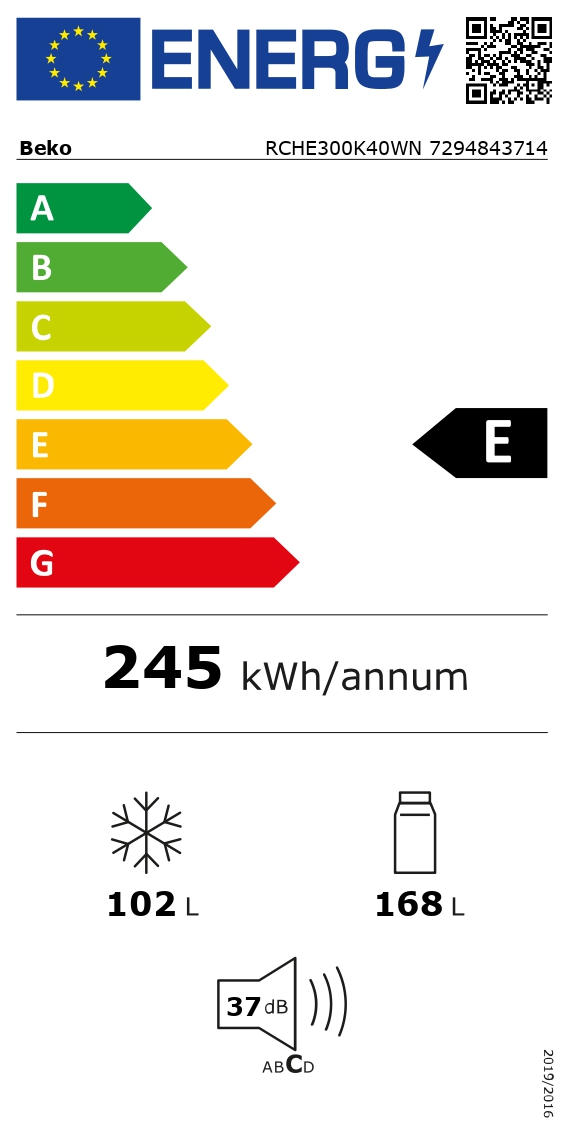 BEKO RCHE300K40WN vrijstaande koel-/vriescombinatie - 182cm